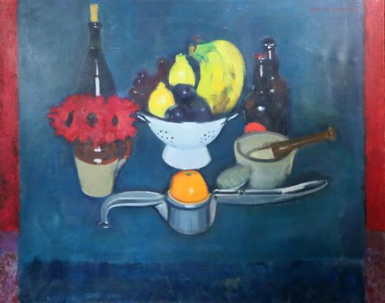 § Norman Kirkham R.G.I. (Scottish b.1936) Table top still life 28 x 36in.